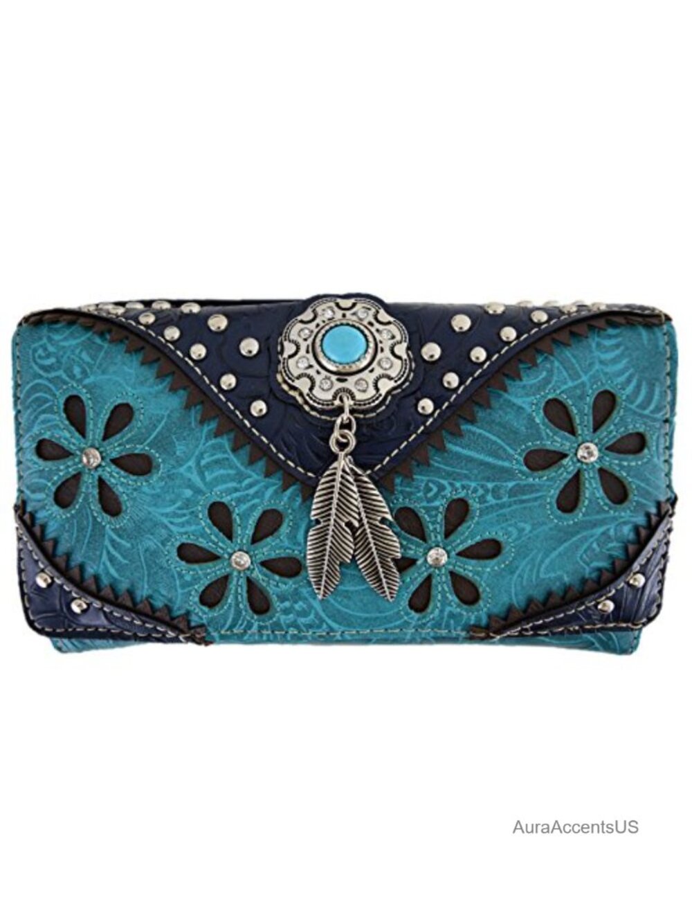 Western Feather Tooled Vegan Leather Laser Cut Floral Wallet Clutch